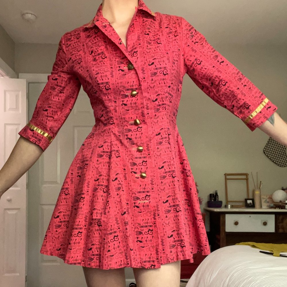 Shirtwaist mini dress with metallic gold trim and gold buttons ✨